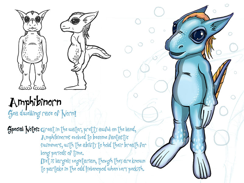 AmphibiNorn - Sea dwelling race of Norn! Special Notes: Great in the water, pretty awful on the land, AmphibiNorns evolved to become fantastic swimmers, with the ability to hold their breath for long periods of time. Diet is largely vegetarian, though they are known to partake in the odd Helenopod when very peckish.